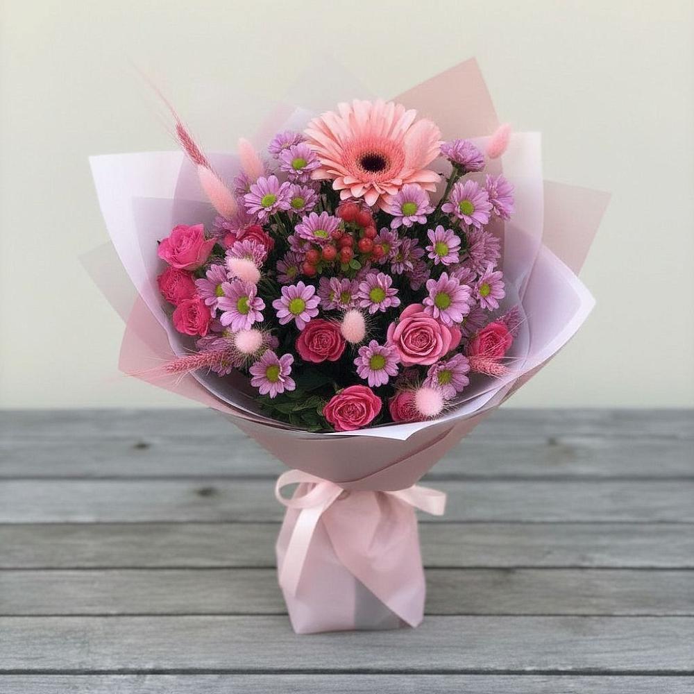Букет цветов из: Розы, Герберы и Хризантемы в Сторожевой