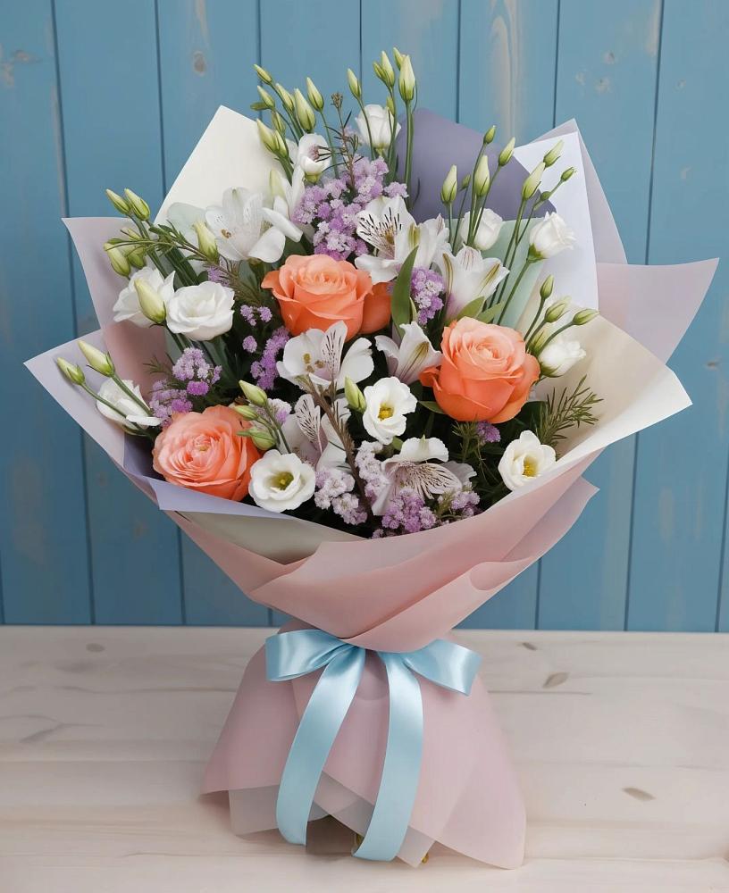 Букет цветов из: Лизиантусы, Розы, Альстромерии и Гипсофила в Сторожевой